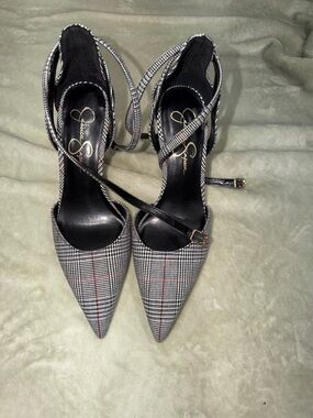 Jessica Simpson Black Plaid Pointed-Toe Slingback Heels